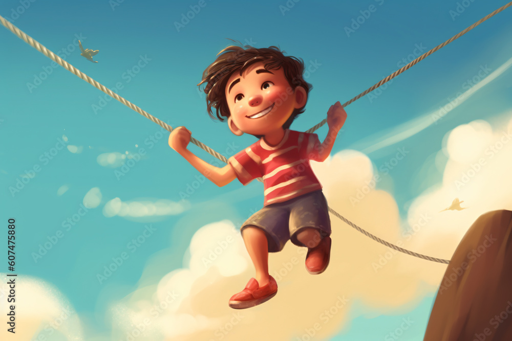 illustration of kid playing pull the rope and have fun laying on a sunny day made with Generative AI illustration of kid playing pull the rope and have fun laying on a sunny day made with Generative AI