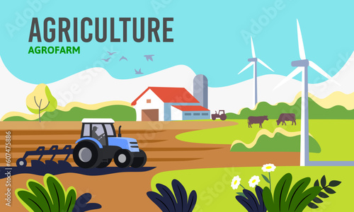 Rural landscape with tractor. Agriculture