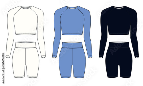 Collection of vector drawings of fashionable women's sportswear, white, blue, black colors. Sketch of bicycle shorts and long sleeved top, vector. Set of jersey shorts and tank top templates.