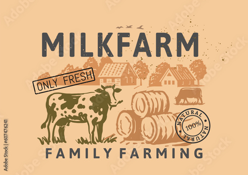 Village houses sketch. Rural landscape countryside with cow