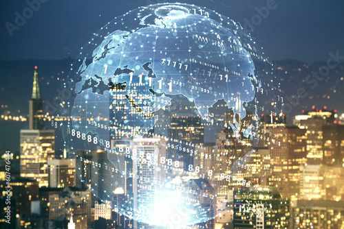 Double exposure of abstract creative programming illustration and world map on San Francisco office buildings background, big data and blockchain concept