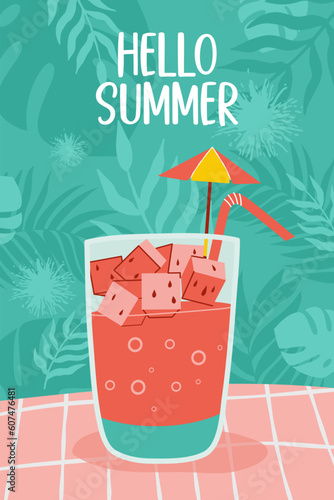 Summer poster with watermelon and juice on the background of tropical leaves. For greeting cards, gift tags, stickers, posters and label templates. Vector illustration.