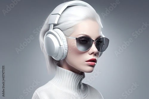 young woman in white listens to music, using headphones, with sunglasses