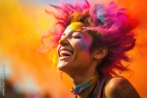 Young smiling woman with funny colorful hairstyle having fun during color festival. AI generative art
