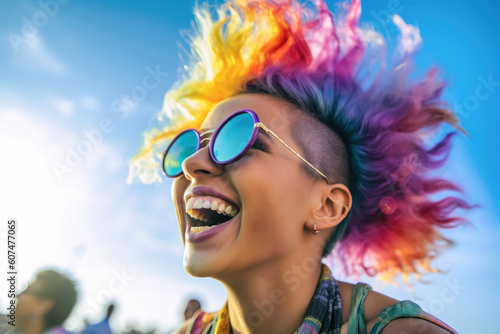 Young woman with funny colorful hairstyle during color festival. AI generative art