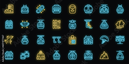 Ski lift icons set outline vector. Resort slope. Winter hill neon color on black