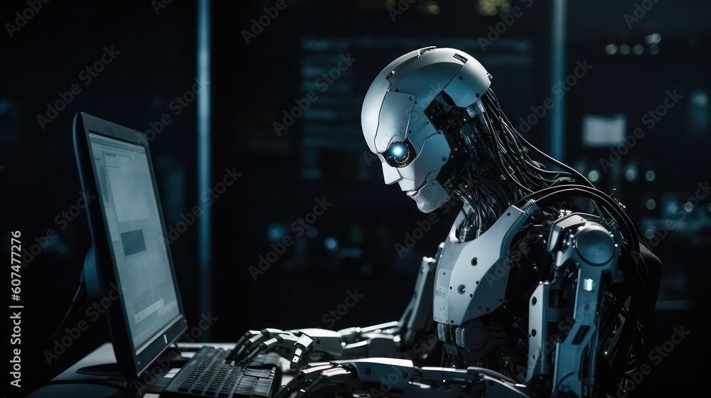 A humanoid robot works in an office on a laptop. Generative AI A humanoid robot works in an office on a laptop. Generative AI