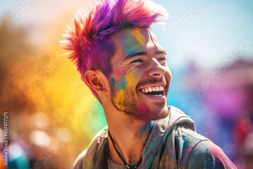 Smiling young man with funny hairstyle during color festival. AI generative art