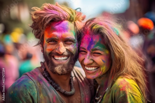 Smiling couple having fun during color festival. AI generative art