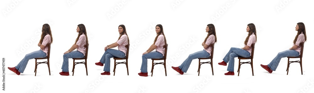 Side view of a group of same young girl sitting on chair on white background Side view of a group of same young girl sitting on chair on white background