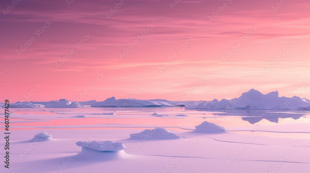 Landscape of Antarctica, sunset, snow, minimalist