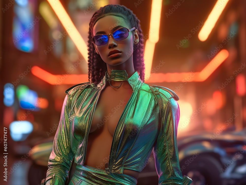 Model in sunglasses. Neon city on background, wearing toxic colors. Ai generated