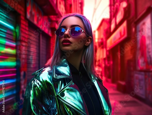 Model in sunglasses on the street, wearing pearly, vibrant colors. Ai generated