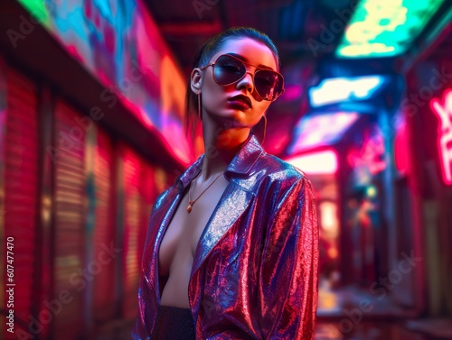 Model in sunglasses on the street covered by neon lights, wearing pearly, vibrant colors.