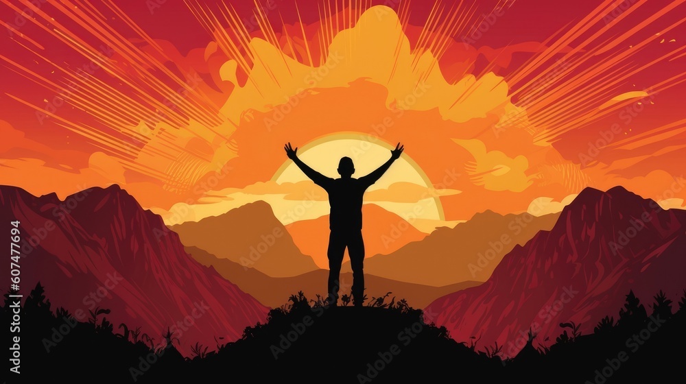The silhouette atop a mountain represents success. (Illustration, Generative AI)