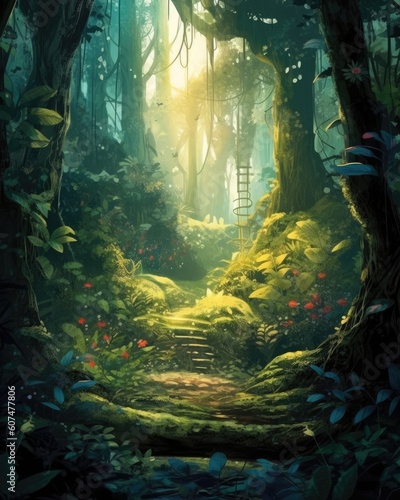 Deep jungle with lush tropical rainforest.  Illustration  Generative AI 