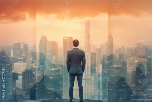 Business Executive Contemplating Success in Front of Tall City Building