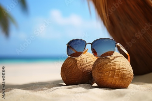 stock photo of a pair of sunglasses and a coconut on the beach photography Generative AI