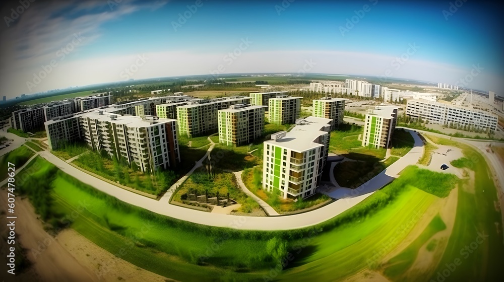Aerial view of a sustainable city with solar panels, wind turbines, and ... - City View Condos With Green Roofs And Solar Water Heaters
