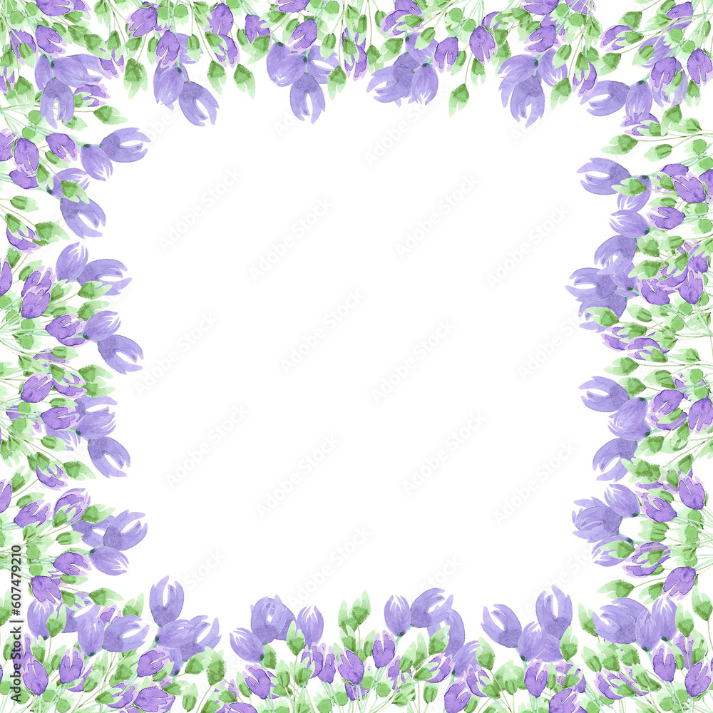 Hand drawn watercolor purple tulips boarder on white background. Scrapbook, post card, wedding invitation, album.