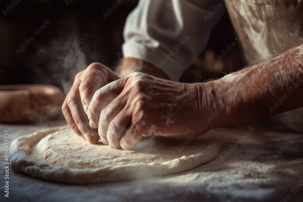 Close-Up View of Skilled Baker Kneading Dough