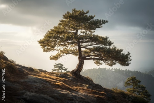 Majestic Pine Tree Amidst Rocky Mountain Landscape