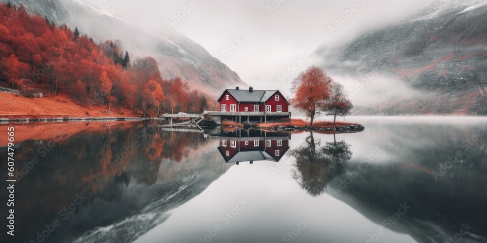 A red cottage of the Norwegian culture and architecture in Norway near lake, lake house, stunning scenery of lake, misty mountains background.