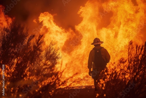 Heroic Firefighter Fighting Raging Wildfire