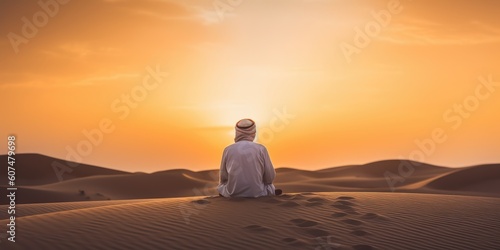 Arabic man with traditional emirates clothes sitting on kness in the UAE desert. Sunset time.