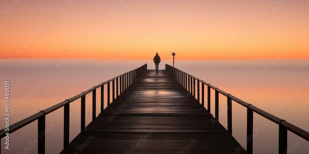 Lone figure standing on a very unusual long pier at sunrise.