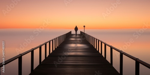 Lone figure standing on a very unusual long pier at sunrise.