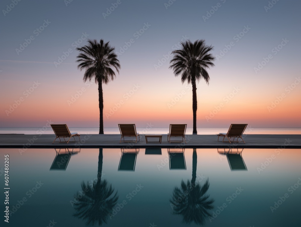 Palms chairs around infinity swimming pool near sea ocean with palm trees beach at night sunset time. Lifestyle leisure carefree travel vacation, summer resort landscape.