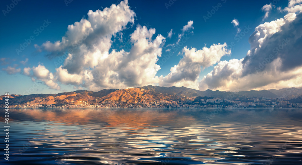 Messina sity reflected in the calm waters of Mediterranean sea. Wonderful morning view of northeast Sicily, Italy, Europe. Spectacular Mediterranean seascape. Traveling concept background.
