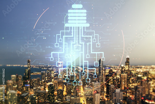 Virtual creative idea concept with light bulb and microcircuit illustration on Chicago skyline background. Neural networks and machine learning concept. Multiexposure