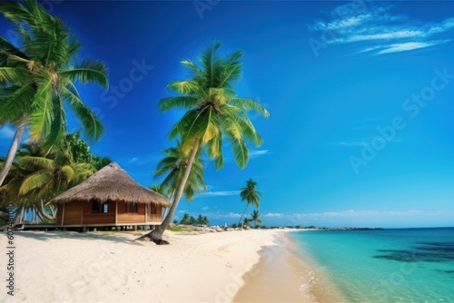 stock photo of beach with coconut tree and beach inn photography Generative AI © NikahGeh