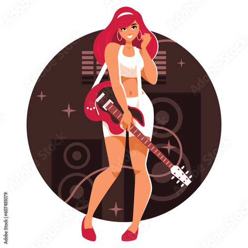 Girl holding a guitar in front of a large music column and equalizer. Vector graphics