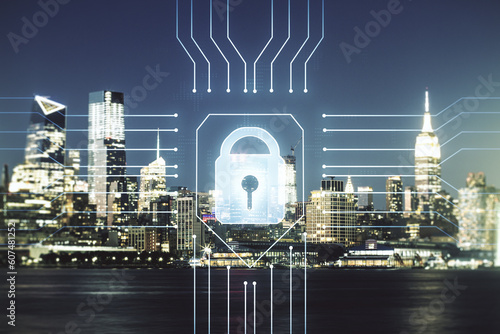 Virtual creative lock symbol and microcircuit illustration on New York city skyline background. Protection and firewall concept. Multiexposure photo