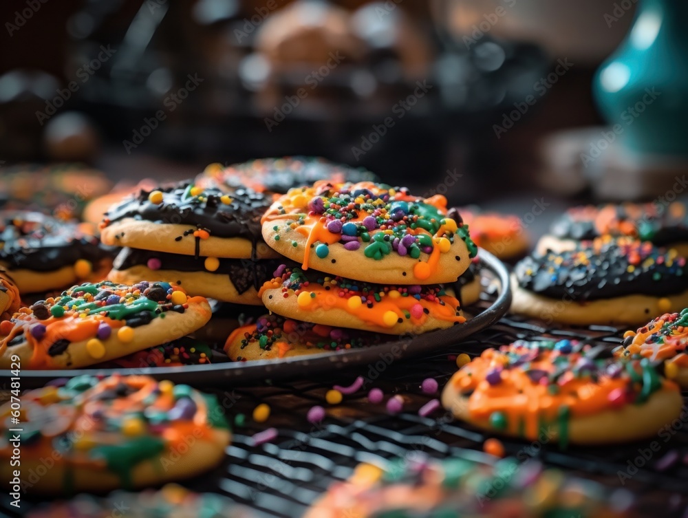 A Pile of Spooky Halloween Cookies Decorated With Icing and Confetti Sprinkles, Laid Out on a Table. Halloween Sweet Food Photography