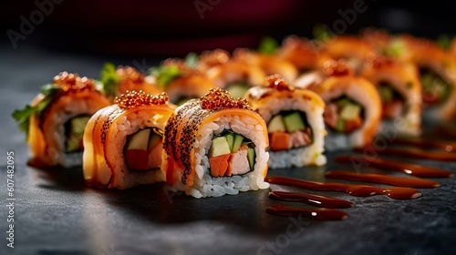 Illustration of delicious sushi rolls with savoury sauce drizzled on top created with Generative AI technology