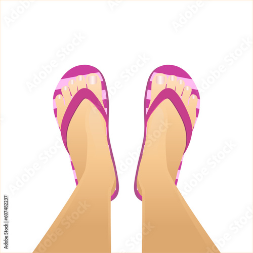 Cute hand drawn slippers. Slender well-groomed female legs in flip-flops on a white background. Holidays at the resort. The pink summer sandals. Rest on the sea