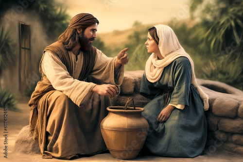 Fototapeta Jesus speaking to the Samaritan woman next to the well giving hope for eternal l