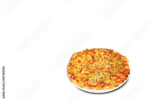A hot pizza slice with dripping melted cheese. Isolated on white.