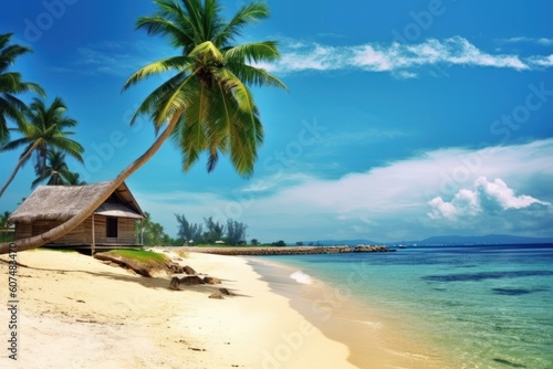 stock photo of beach with coconut tree and beach inn photography Generative AI