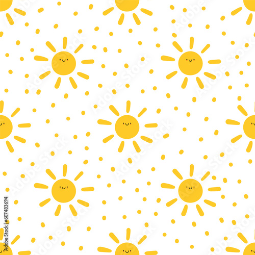 Cute sun character seamless pattern with hand drawn irregular dots, confetti. Happy smiling sun. Childish doodle print. Vector illustration isolated on white backdrop