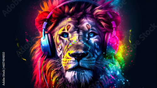 Lion King wearing stylish headphones  perfect for a fun and creative t-shirt design. Ai generated