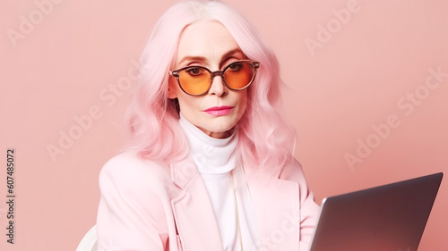 Modern adult woman in stylish pink clothes with pink hair, Barbicor style, holding a laptop. Portrait of a happy woman, office worker head Generative AI