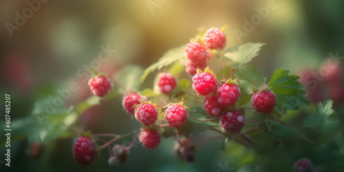 Raspberry. Branch raspberry with many berries. Sweet fresh Raspberries in the garden. Generative ai illustration © maxa0109