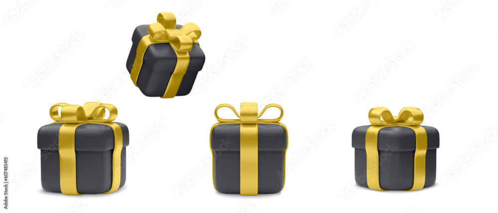 Obraz premium Set of realistic 3d gifts box. Holiday decoration presents. Festive gift surprise. Decor Isolated boxes. vector illustration.