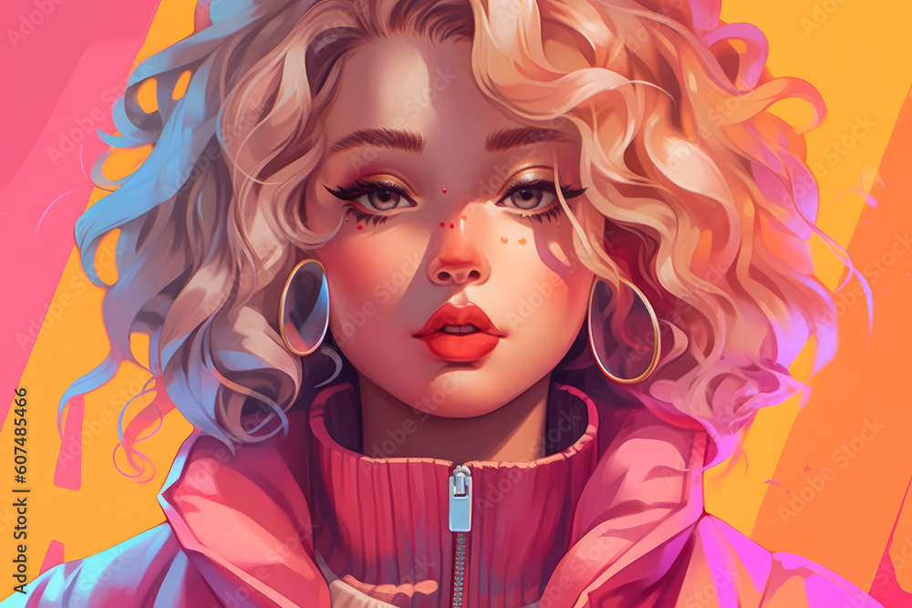 Obraz premium Illustration of an influencer in anime style. Avatar or character, fictional image, horizontal.