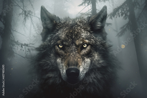 Head of a wolf emerging from the depths of a foggy forest, exuding an aura of mystery and strength. Ai generated